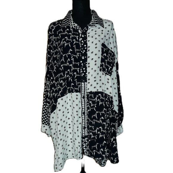 WE BE BOP Button Up Oversized Tunic Top Patchwork Wearable Art Plus Size 2 - Picture 1 of 8